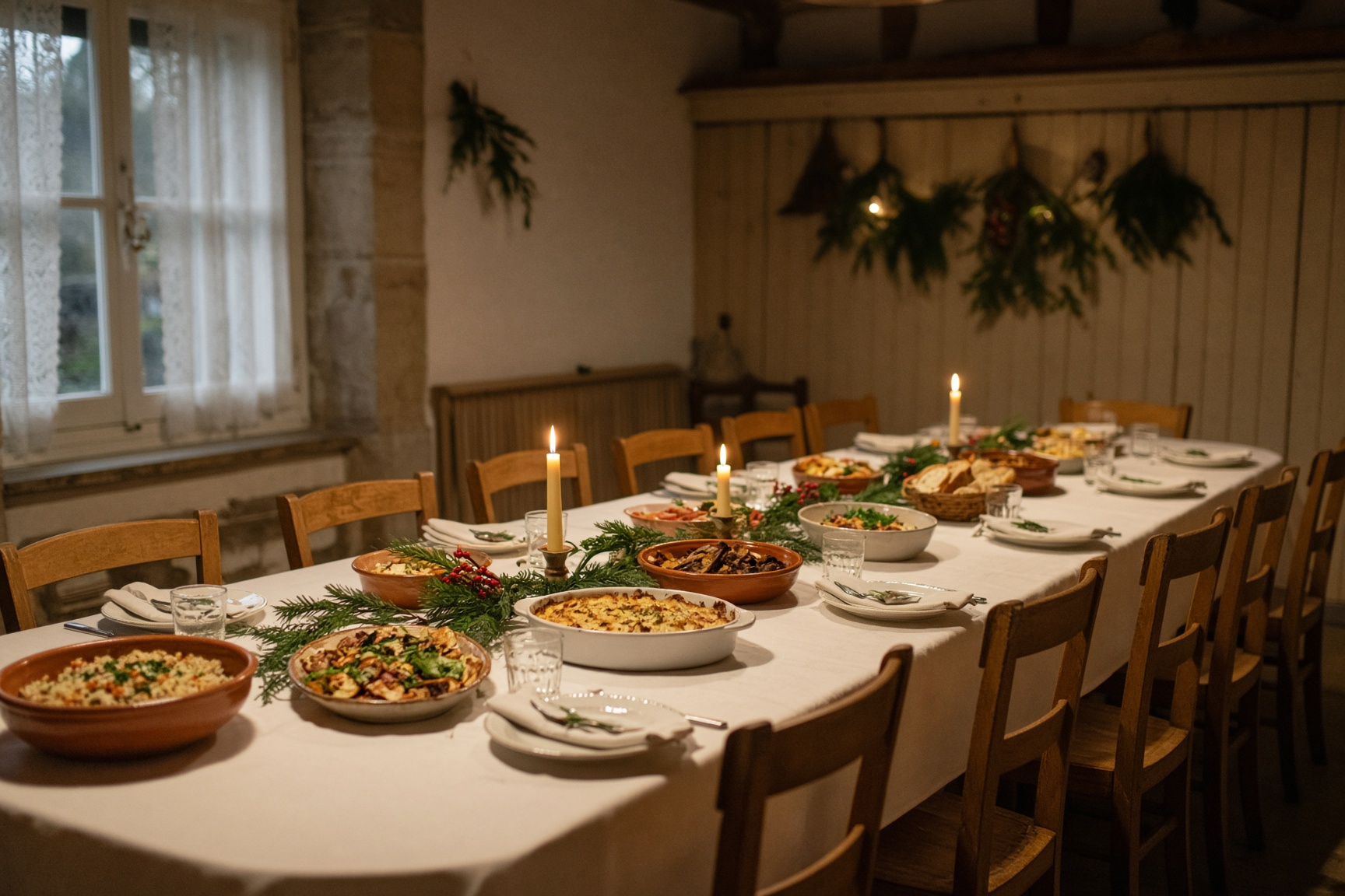 Table du repas de Noël, nappe claire et bougies.